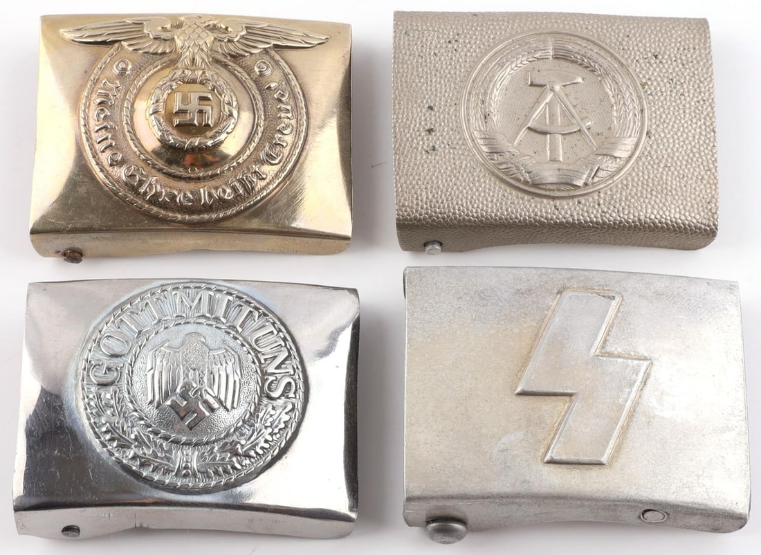 4 WWII GERMAN REICH HITLERJUGEND & EM BELT BUCKLES: Lot of FOUR (4) various WWII German Reich belt buckles including a SS enlisted men buckle, a German Army enlisted men buckle, a Hitlerjugend early buckle, and lastly an East German Army belt buckle. B