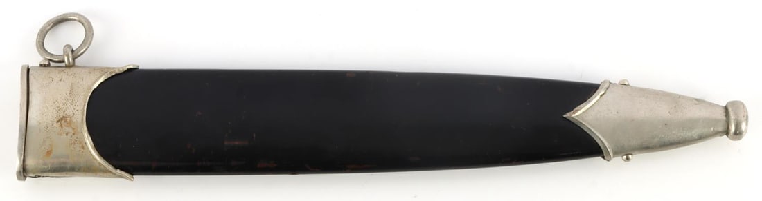 WWII GERMAN THIRD REICH SS HONOR DAGGER SCABBARD: SS honor dagger scabbard. Steel construction, painted black. Plated chape and throat. Good condition. Some splitting of throat and chape at retention screw holes. Minor loss of finish, some oxidation.