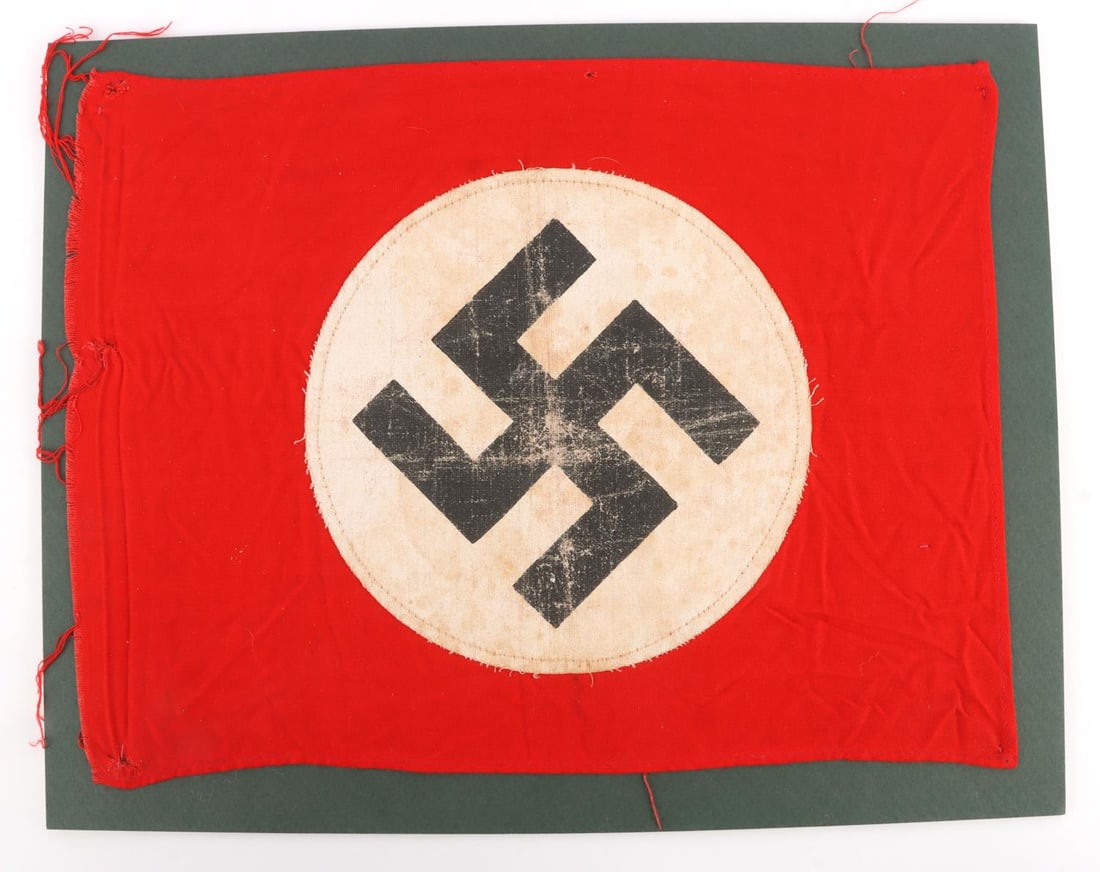 WWII GERMAN THIRD REICH 12 X 10 INCH PARTY FLAG: In riker mount. Some wear. Obvious veteran bring back.