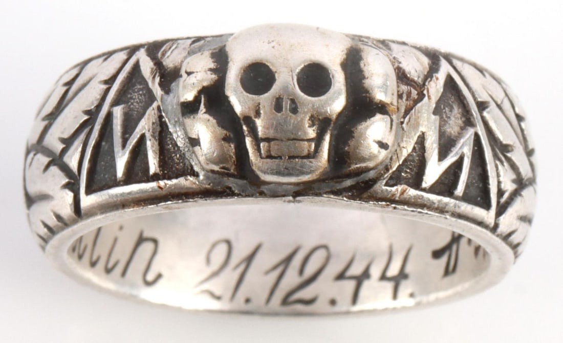 WWII 1944 DATE HIMMLER SS SILVER HONOR RING: Readily test for .900 silver. Size 9. Very good, overall condition. Sold "as is." This lot has a reserve.