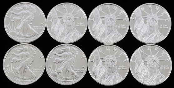 LOT OF 8 ONE OUNCE SILVER BULLION ROUNDS