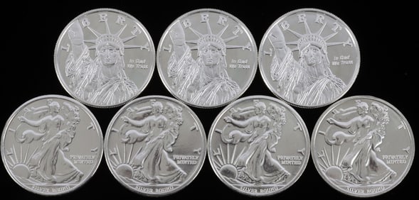 LOT OF 7 ONE OUNCE SILVER BULLION ROUNDS