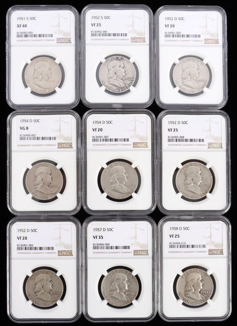 LOT OF 9 NGC SILVER FRANKLIN HALF DOLLAR COINS: Lot of NINE (9). Grades range VG 8 - XF 40. This lot has a reserve.