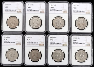 LOT OF 8 NGC SILVER FRANKLIN HALF DOLLAR COINS