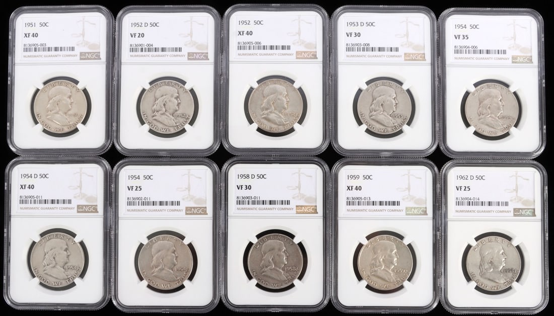 LOT OF 10 NGC SILVER FRANKLIN HALF DOLLAR COINS: Lot of TEN (10). Grades range VF 20 - XF 40. This lot has a reserve.