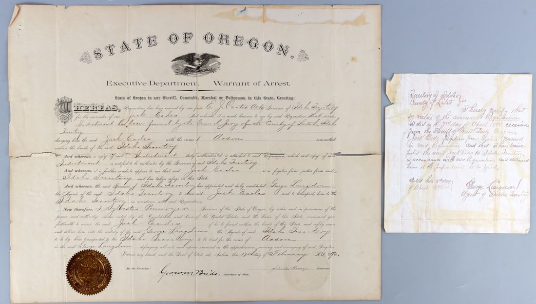 1890 ARSON FUGITIVE OREGON ARREST WARRANT DS: Original document, signed. State of Oregon arrest warrant charging one Jack Eades, an Idaho Territory fugitive, with the crime of arson. Signed by Governor Sylvester Pennoyer and Secretary of State Ge