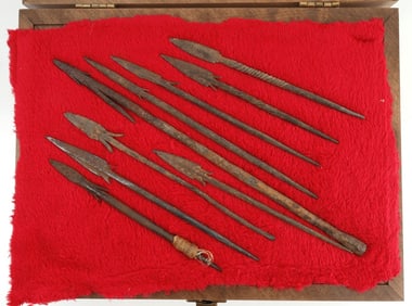 LOT 9 MEDIEVAL IRON ARROWHEADS IN STEELE'S DISPLAY