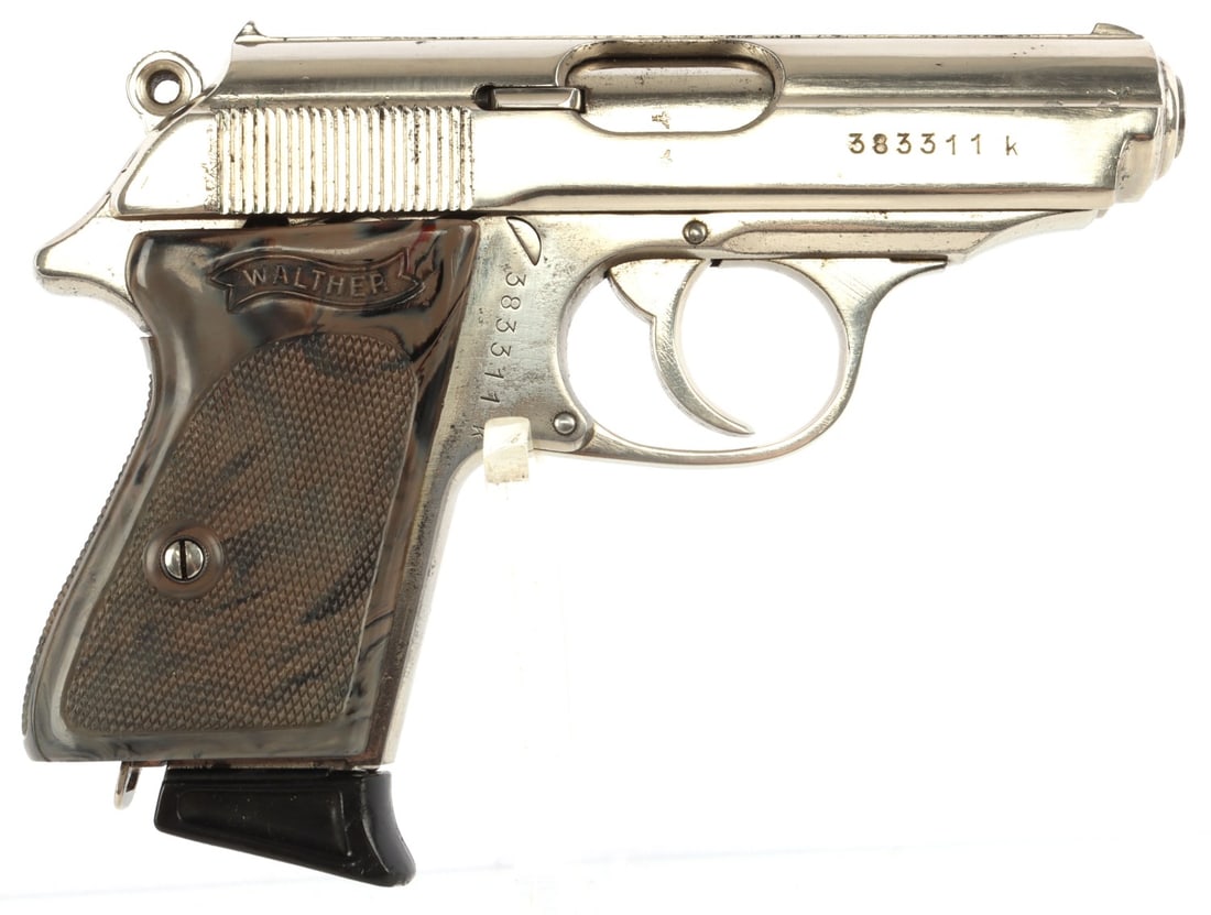 WWII GERMAN POLICE WALTHER MOD. PPK .32 ACP PISTOL: Third Reich police-issue Walther PPK semi-automatic pistol. Manufactured 1942. Barrel 3.25 inches. Nickel plate finish with grey plastic grips. Left side of frame under magazine release has "eagle c" 