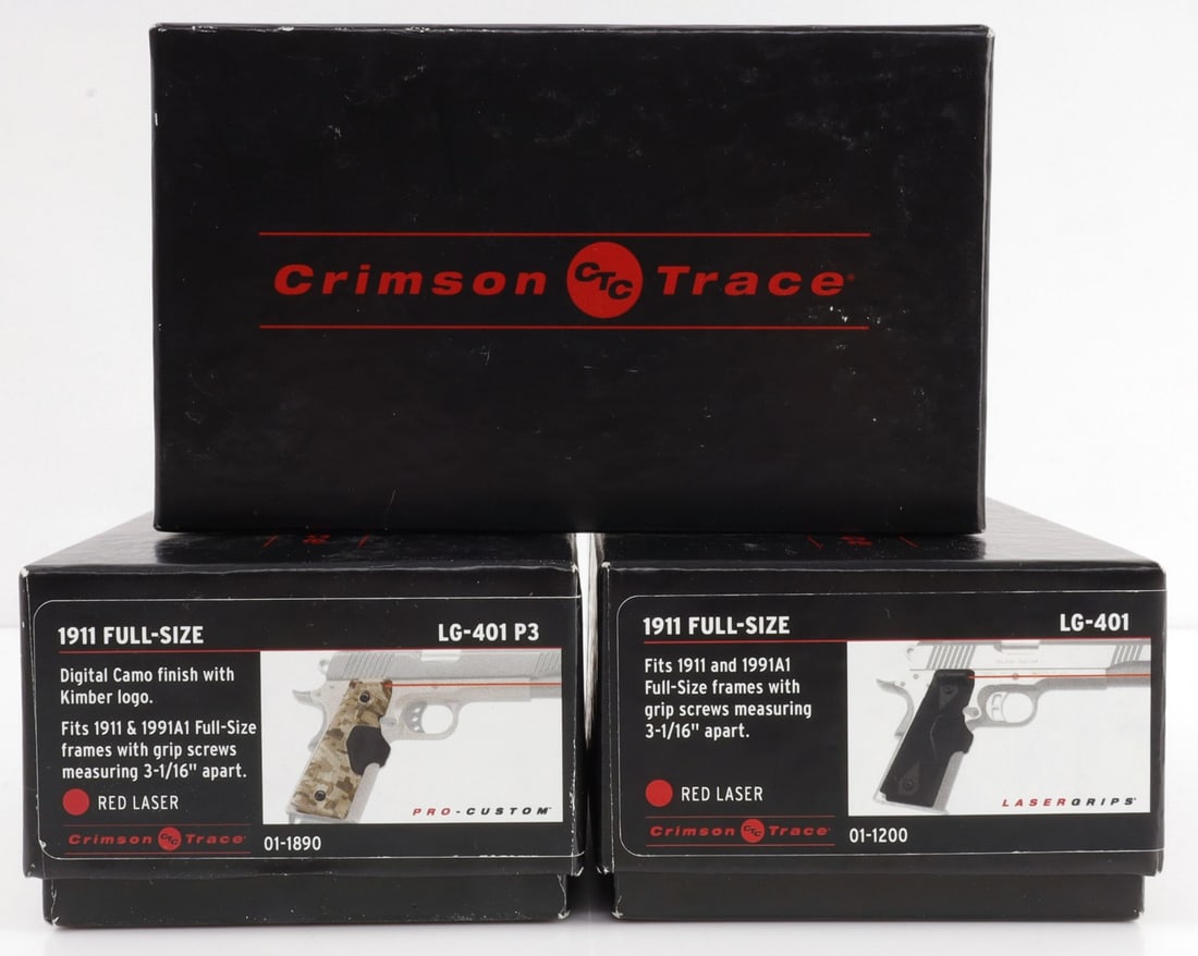 LOT OF 3 CRIMSON TRACE LASER SIGHT 1911 FULL SIZE: Lot of THREE (3) new in box Crimson Trace laser sights for full size 1911 pistols. Includes models LG-401 (Plain black checkered rubber) and LG-401 P3 (digital camo checkered rubber with Kimber logo).