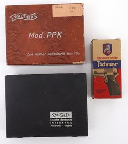 LOT OF 7 WALTHER PP MAGAZINES BOXES & GRIPS
