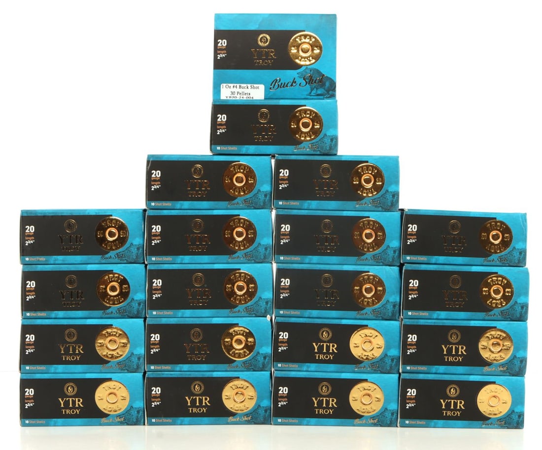 200 RDS YTR TROY 20 GA 2 3/4 INCH 1 OZ AMMO: 20 boxes, 10 rounds, 200 rounds YTR Troy 20 Gauge, 2 3/4 inches, 1 ounce, #4 Buckshot, 30 Pellets ammunition. No international shipping. Know your state laws prior to bidding. This lot has a reserve.