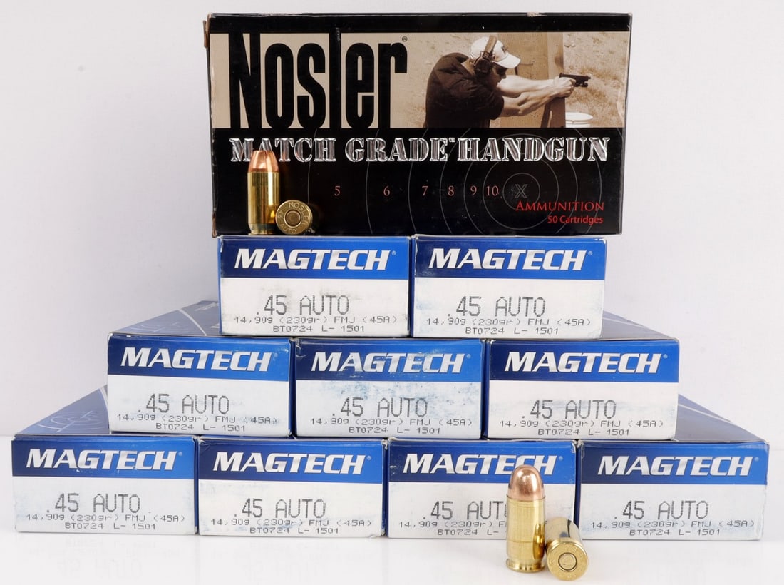 500 ROUNDS .45 ACP FMJ & JHP PISTOL AMMUNITION: Lot of 500 rounds factory new .45 AUTO centerfire pistol ammunition. Includes Magtech 230gr FMJ and one box Nosler 185gr JHP. No international shipping.