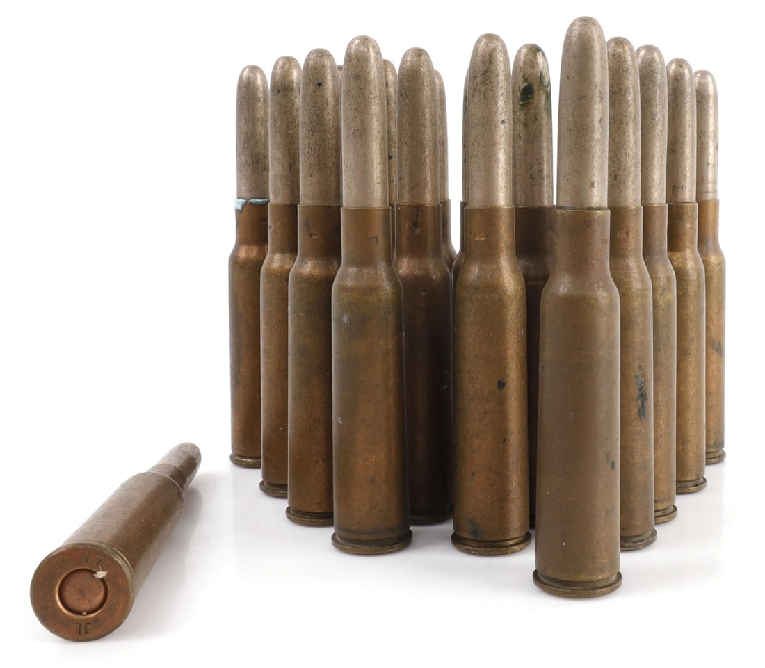 WWI BRITISH MADE 6.5 ARISAKA LOT OF 20 CARTRIDGES: Lot of TWENTY (20) British-made 6.5mm Arisaka cartridges, manufactured during WWI for Imperial Russian troops armed with surplus Japanese Type 30 rifles. Termed by the British "Cartridge S.A. Ball .25