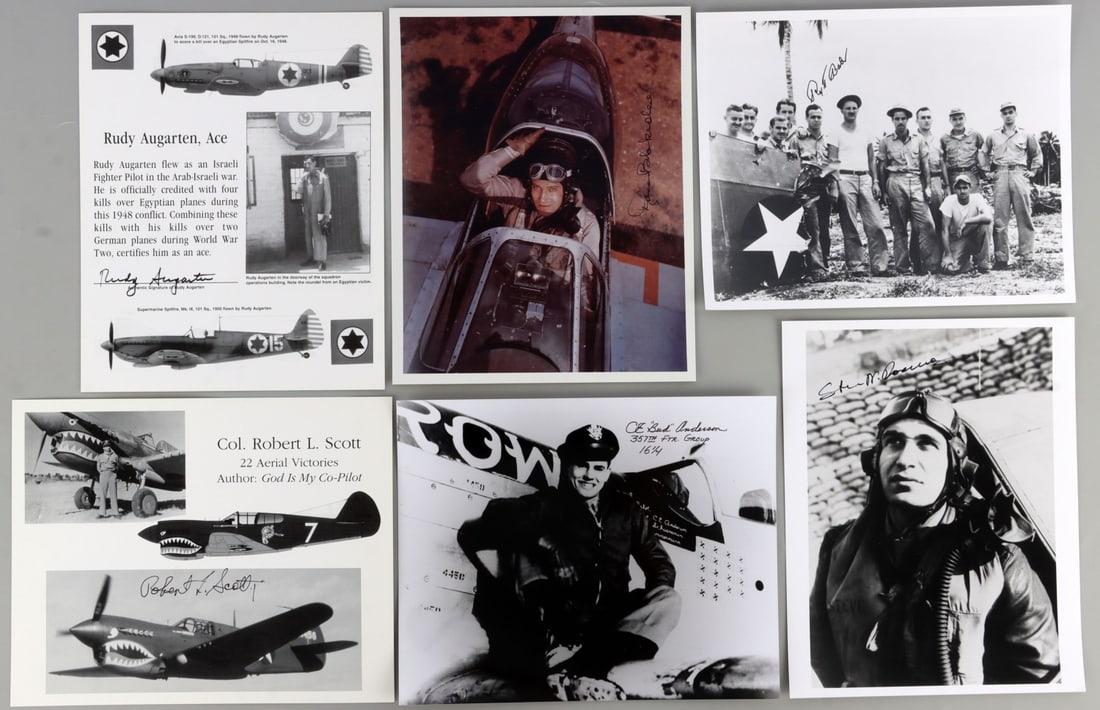LOT OF 6 AIR FORCE PILOT AUTOGRAPHS & PHOTOS: Lot of SIX (6). Bud Anderson, Rudy Augarten, Donald Blakeslee, Robert L Scott, and Steve Pisanos.