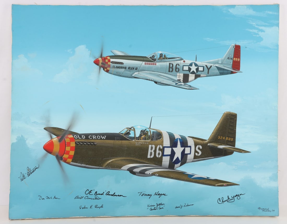 RAY WADDEY 1992 P-51 MUSTANG PAINTING: NINE (9) pilot signatures featured. Chuck Yeager being one one them. 24 X 30 inches.