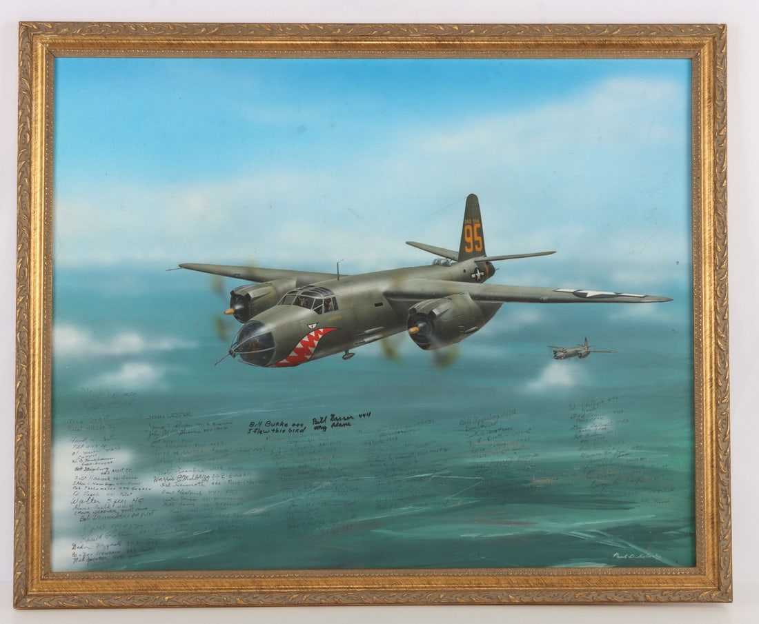 PAUL SOLOSKY 1941 - 2004 B-26 PAINTING W SIGNATURE: Over FIFTY (50+) autographs of pilots. 27 X 33 inches.