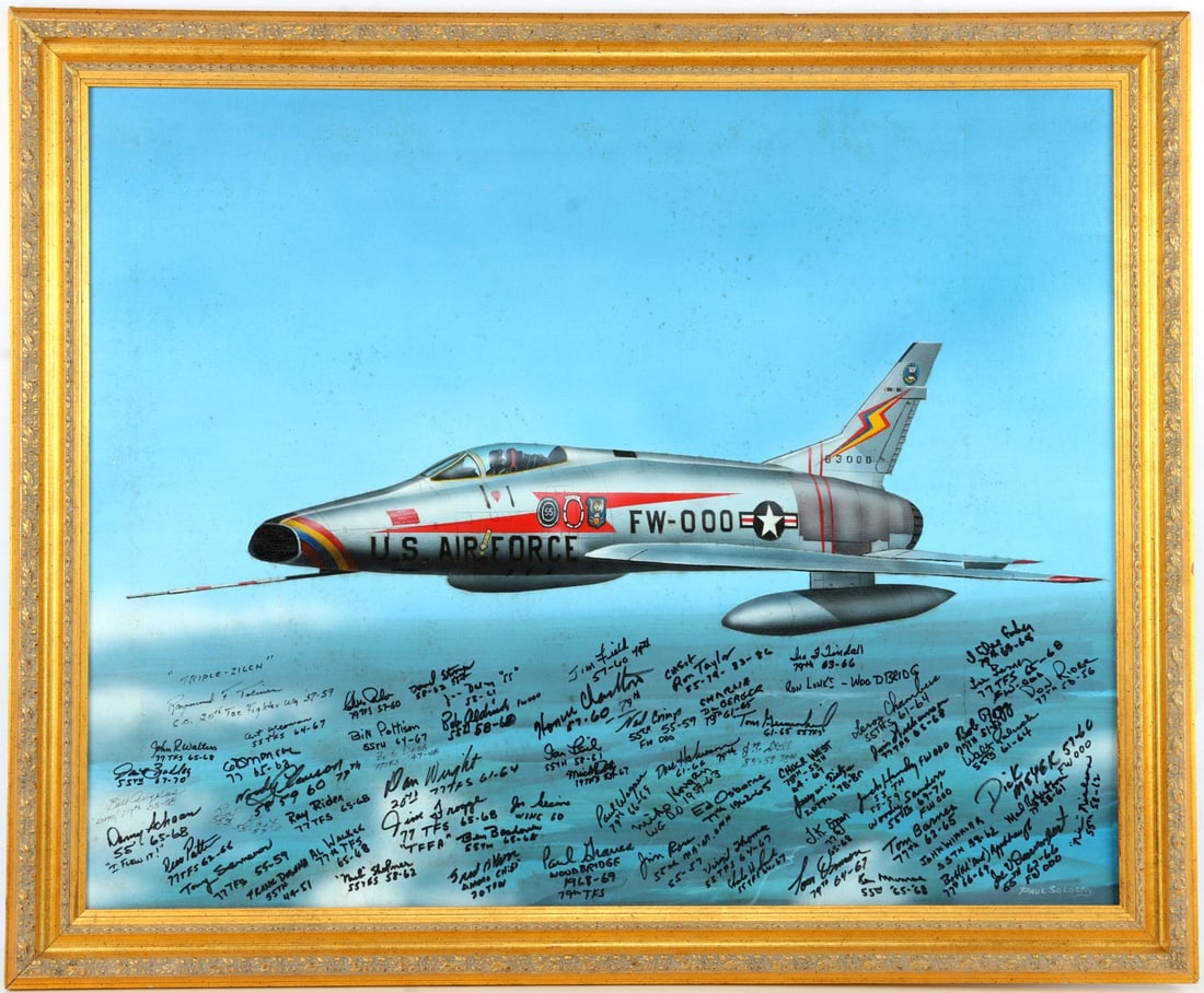 PAUL SOLOSKY 1941 - 2004 F100 PAINTING W SIGNATURE: Over THIRTY (30+) autographs of pilots. 27 X 33 inches. Needs cleaning.