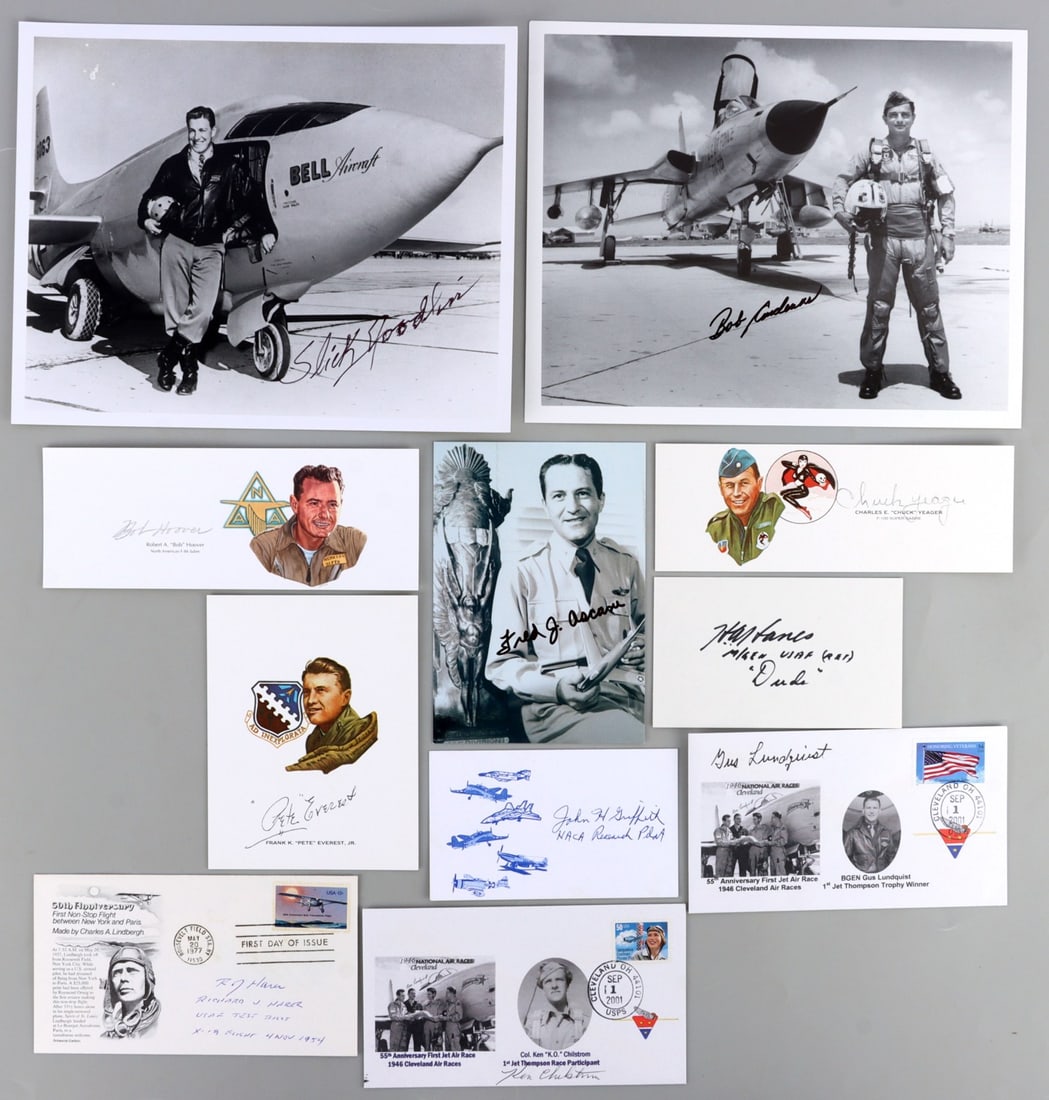 LOT OF 11 USAAF TEST PILOT AUTOGRAPH CHUCK YEAGER: Lot of ELEVEN (11). Good variety. Includes Chuck Yeager, Pete Everest, Bob Hoover, and more. As photographed.