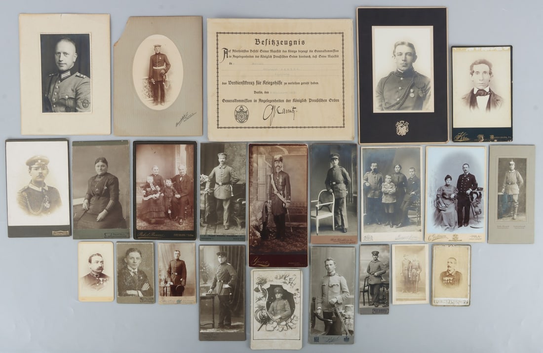 23 CABINET PHOTO PORTRAITS WWI OFFICERS & ENLISTED: Lot of TWENTY-THREE (23) pieces. Cabinet photographs of military officers, dated 1870-1914. Also includes Royal Prussian Merit Cross for War Aid award certificate dated September 9, 1918. Very good co