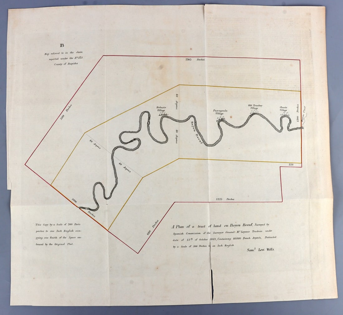 1803 LOUISIANA PURCHASE BAYOU BOEUF LAND SURVEY: Land survey showing the Bayou Boeuf watercourse and neighboring villages. Surveyed by Samuel Levi Wells for the Surveyor General of Louisiana, Layaux Trudeaux (Charles Trudeau dit Laveau) in October 1