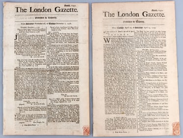 2 REVOLUTIONARY WAR ISSUES OF THE LONDON GAZETTE
