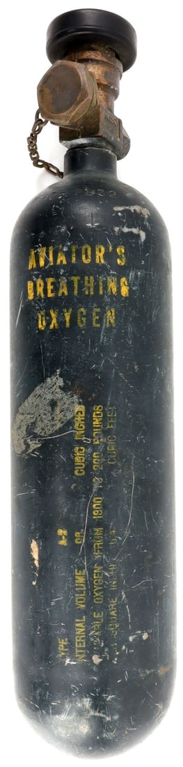 WWII USAAF TYPE A 2 AVIATOR OXYGEN TANK: Dated 1943. Stenciled "aviator's breathing oxygen" and "type A-2." Stamped "7-43 / AF-43-2832" with a stylized "Hc." Length 16.5 inches. Very good condition. Retains most markings.
