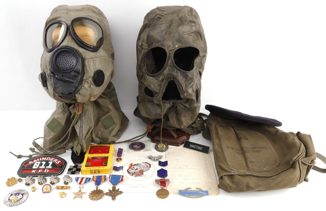 GAR BADGE MILITARY MEDAL LOT INSIGNIA GAS MASK: Includes NBC gas mask, named Good Conduct medal Robin L. Hasting, Silver Star, DFC, Air medals. Non-Sterling CIB, Skull medal, and more. As photographed.