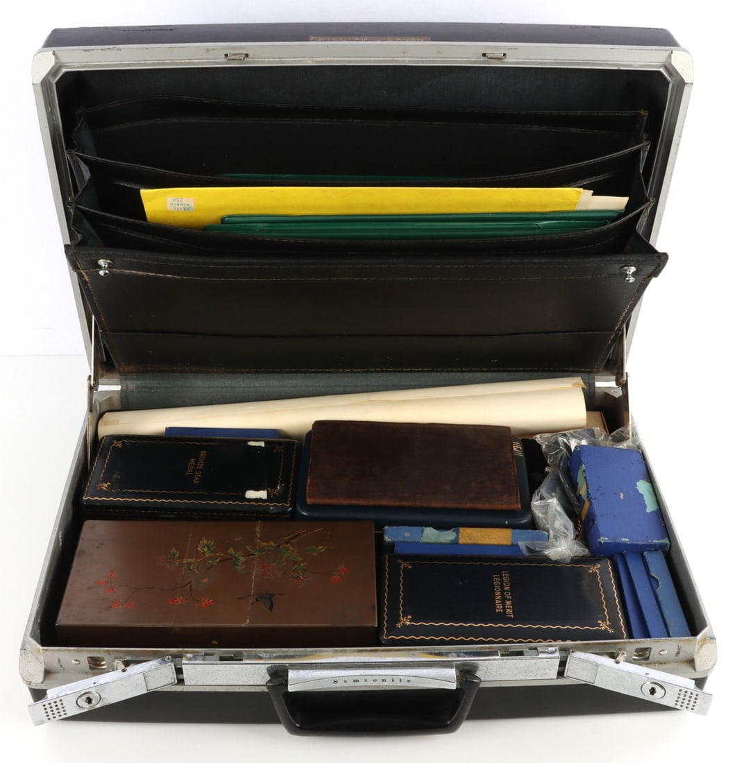MEDALS & DOCUMENTS WILLIAM LANEN LEGION OF MERIT: Suitcase with the medals and records of Colonel William J. Lanen, an artillery officer in the United States Army. Collection of medals and items as follows, with repeating medals listed a second time.