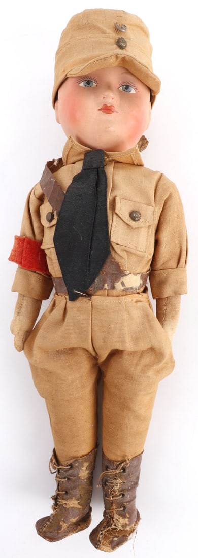 WWII ERA GERMAN HITLER YOUTH DOLL: Plastic head, fabric body, missing cap insignia and Sam Browne loose strap. 13 inches. This lot has a reserve.