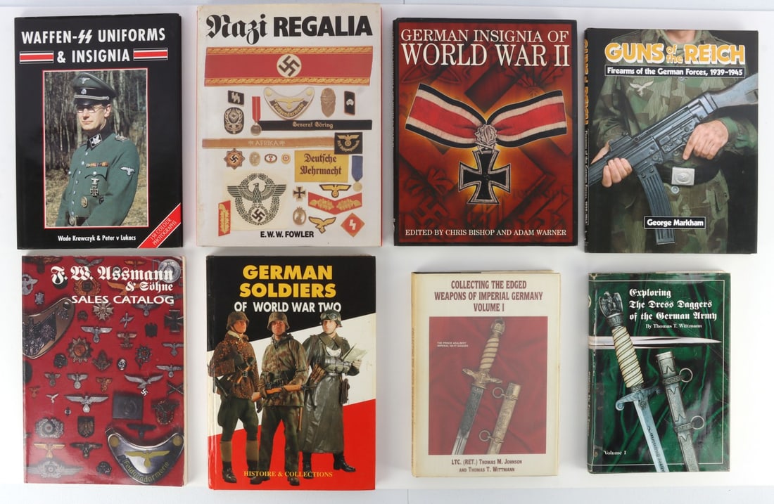 LOT OF 8 WWII GERMAN COLLECTOR REFERENCE BOOKS: Lot of EIGHT (8). Includes: "Collecting the Edged Weapons of Imperial Germany" (Vol. I), "Exploring the Dress Daggers of the German Army", "Guns of the Reich: Firearms of the German Forces, 1939-1945"
