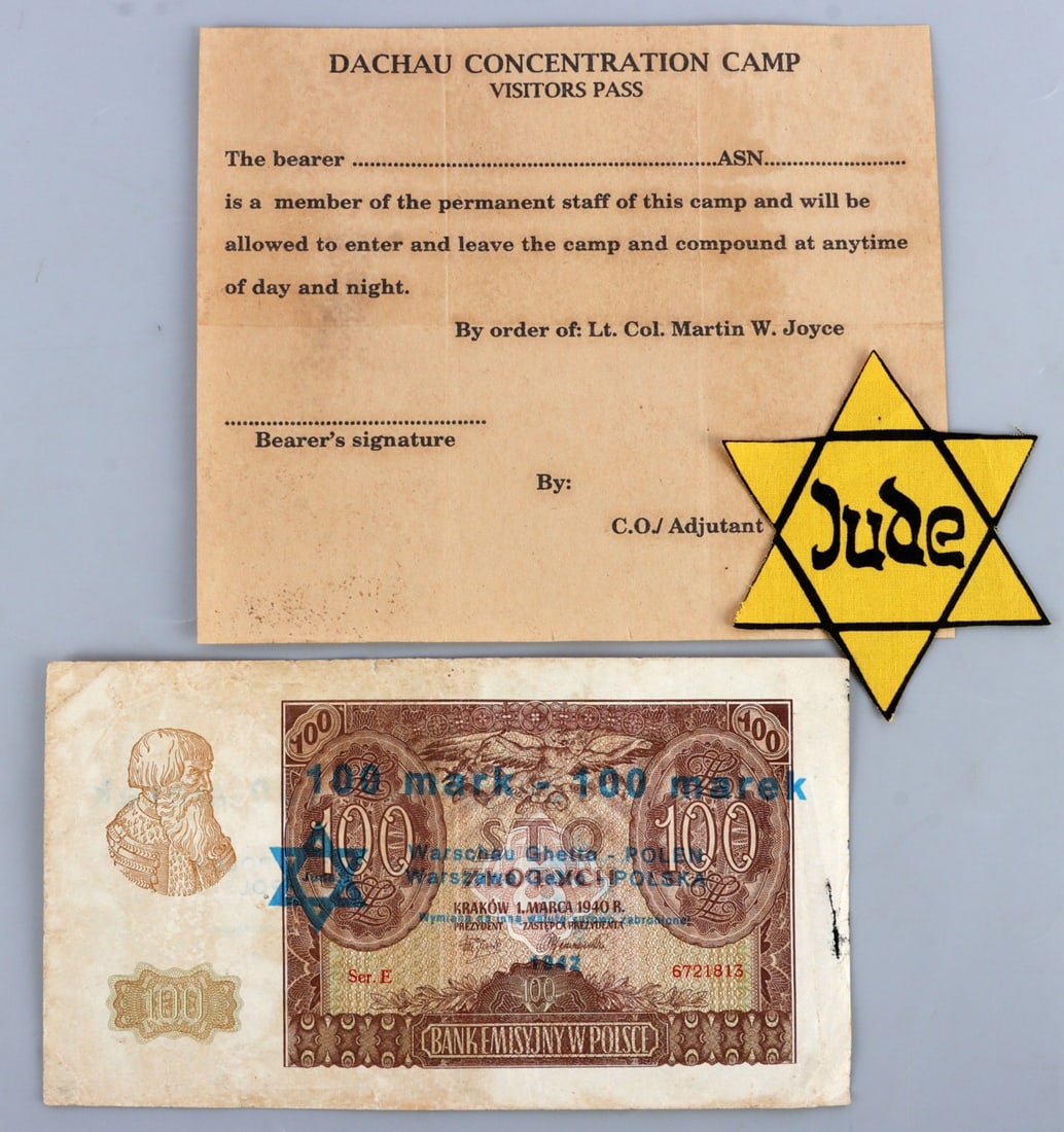 LOT OF 3 WWII GERMAN JEWISH LOT DACHAU REICHSMARK: Lot of THREE (3). Features a Star of David patch, Dachau Camp pass, and a 100 Reichsmark for Warsaw Ghetto. Very good condition.