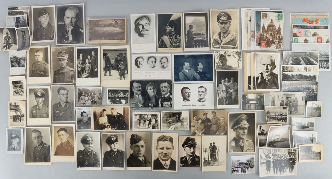 LARGE LOT WWII GERMAN REICH POSTCARDS & PHOTOS: WWII period with some used postcards and original photographs of uniformed soldiers. 6.25 inches, on average.