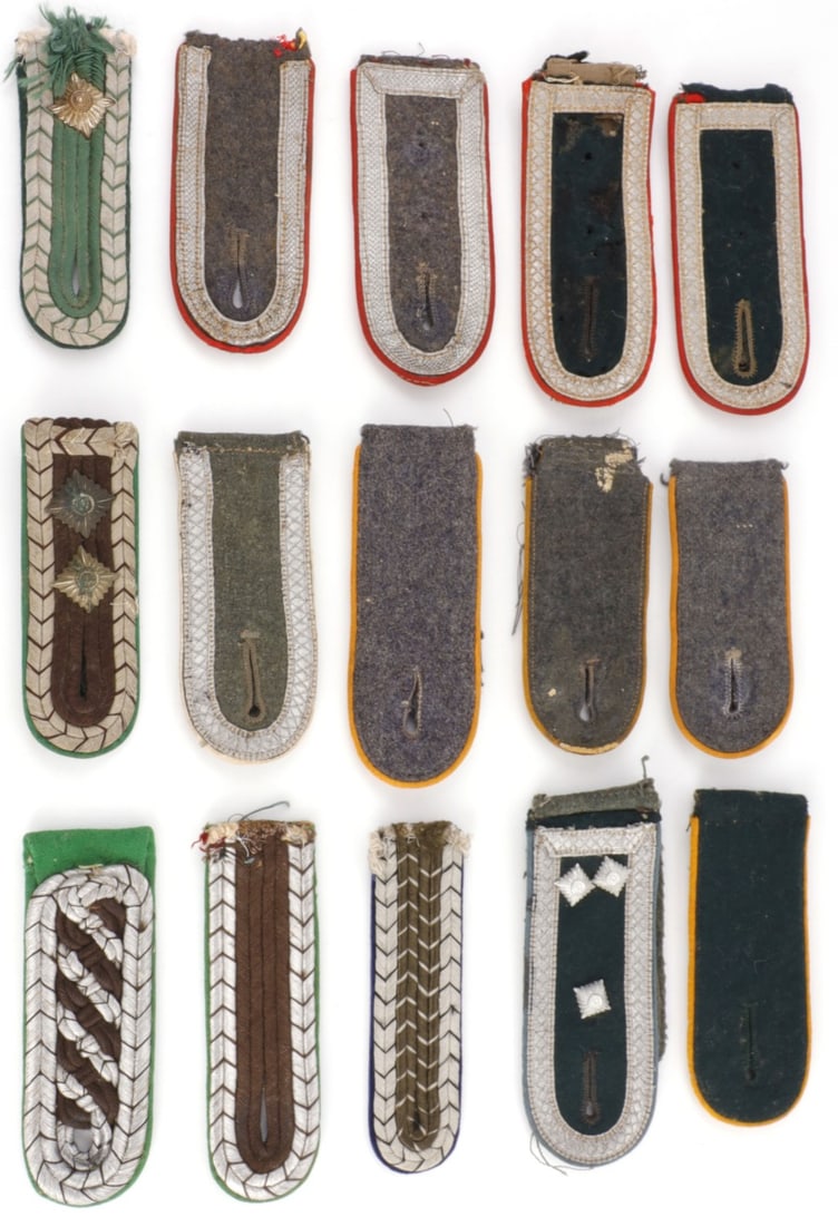 LOT OF 15 WWII GERMAN THIRD REICH SHOULDER BOARDS: Lot of FIFTEEN (15) individual uniform shoulder boards. Includes artillery, cavalry, infantry, panzer, flight, police and medical. Good, original condition.