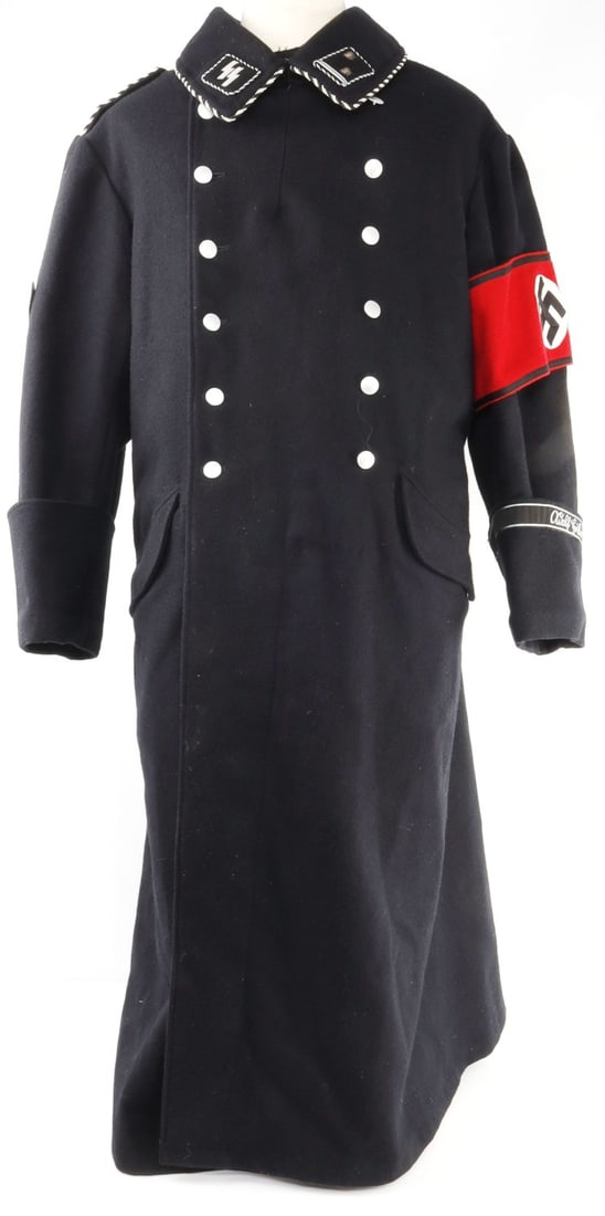 WWII GERMAN SS OBERSCHARFUHRER OVERCOAT: WWII German Reich SS-Oberscarfuhrer overcoat long jacket. Coat features two SS collar tabs, a shoulder board on right shoulder with armband and Adolf Hitler cuff title. Alternating black and silver bu