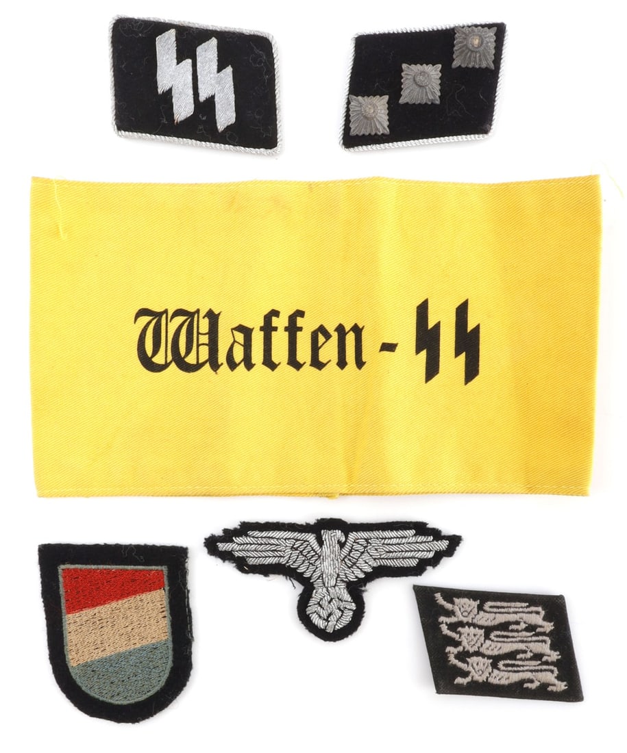 WWII GERMAN SS ARMBAND & COLLAR TAB LOT 6 PCS: Lot of SIX (6) pieces includes ONE (1) yellow SS armband, group of THREE (3) collar tabs and TWO (2) embroidered insignia. One collar tab has pips, and another has SS runes in silver bullion thread an