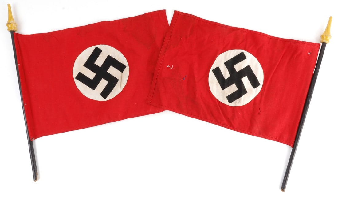 LOT OF 2 WWII GERMAN THIRD REICH PARADE FLAGS: Lot of TWO (2). Standard cotton flags with roundels. Measures 13 X 9 inches. Non-fluorescing.