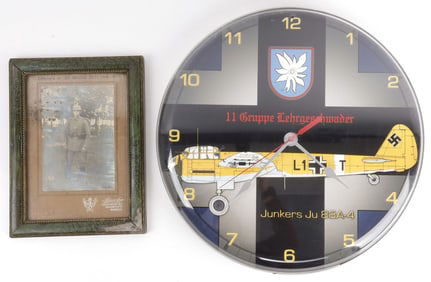 LOT 2 GERMAN SOLDIER FRAMED PHOTO & WALL CLOCK