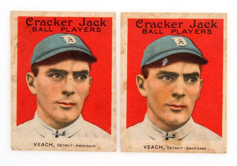TWO 1915 CRACKER JACK #174 ROBERT VEACH: Both cards are well centered, corners are in good condition. Card does show age with stains. Edges look good. Overall in good condition.