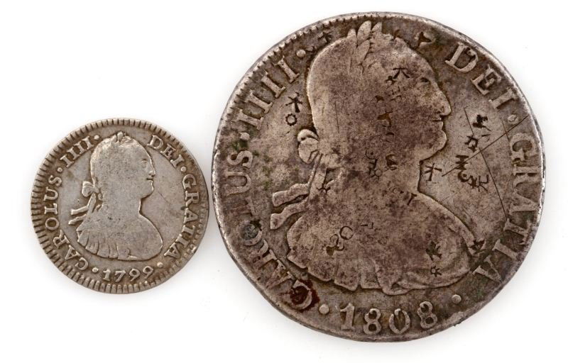 1806 SILVER 8 REALES POTOSI W CHOPMARKS & 2 REALES: VG eight Reales, VG two Reales this coin dated 1799. Foreign