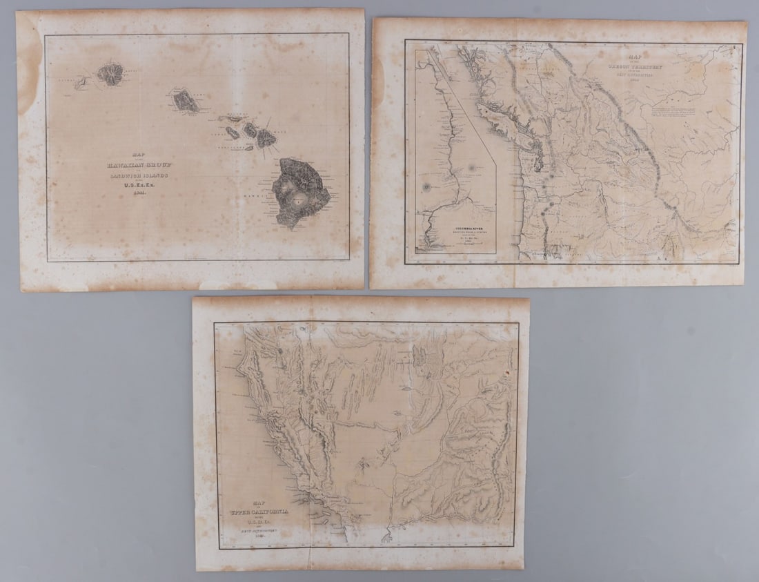 3 CHARLES WILKES MAP LITHO OREGON CALIFORNIA HI: Lot of THREE (3) Charles Wilkes lithograph maps. Includes "Map of the Oregon Territory from the Best Authorities 1849," "Map of Upper California by the U.S.Ex.Ex. and Best Authorities 1849," and "Map 