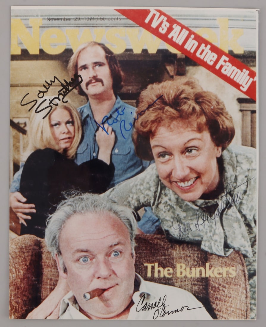 TV ALL IN THE FAMILY PHOTO AUTOGRAPHED BY ALL 4: 8X10 color photo autographed by all FOUR (4) stars of the groundbreaking TV sitcom, "All in the Family" - Carroll O'Connor ("Archie Bunker"), Jean Stapleton ("Edith Bunker"), Rob Reiner ("Michael "Mea