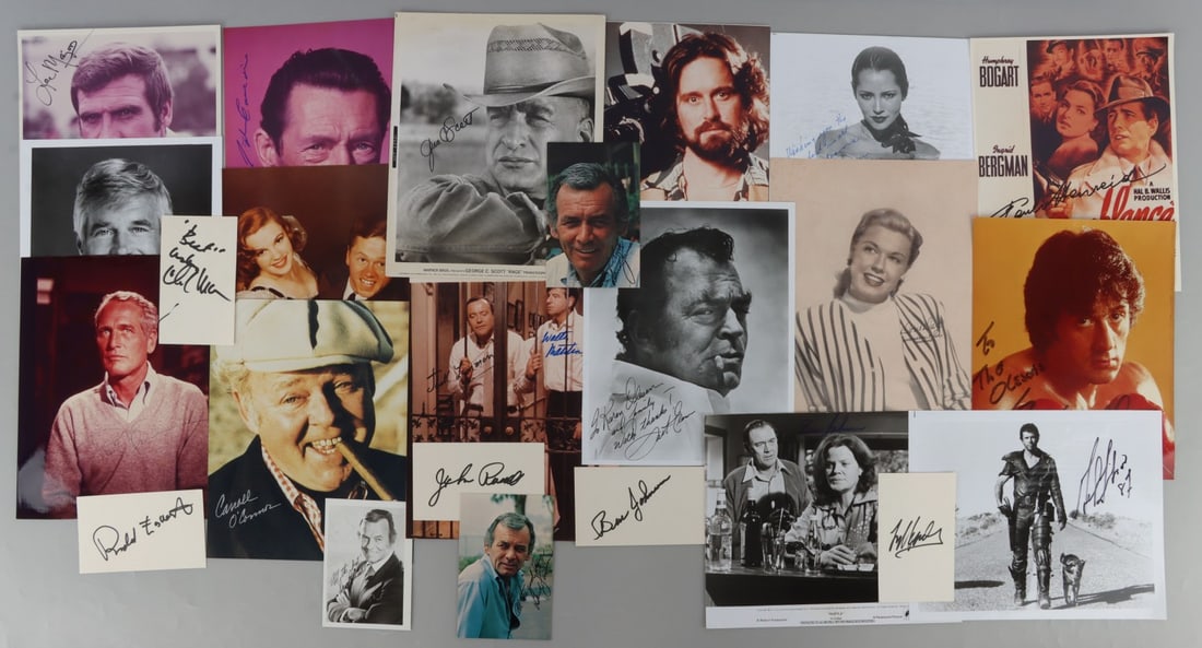 LOT 22 FAMOUS HOLLYWOOD ACTOR AUTOGRAPHS + MORE: Lot of TWENTY-TWO (22) famous Hollywood actor autographs and THREE (3) additional prints. Includes: Sylvester Stallone ("Rocky"), Mel Gibson ("Mad Max"), George C. Scott ("Patton"), Michael Douglas ("