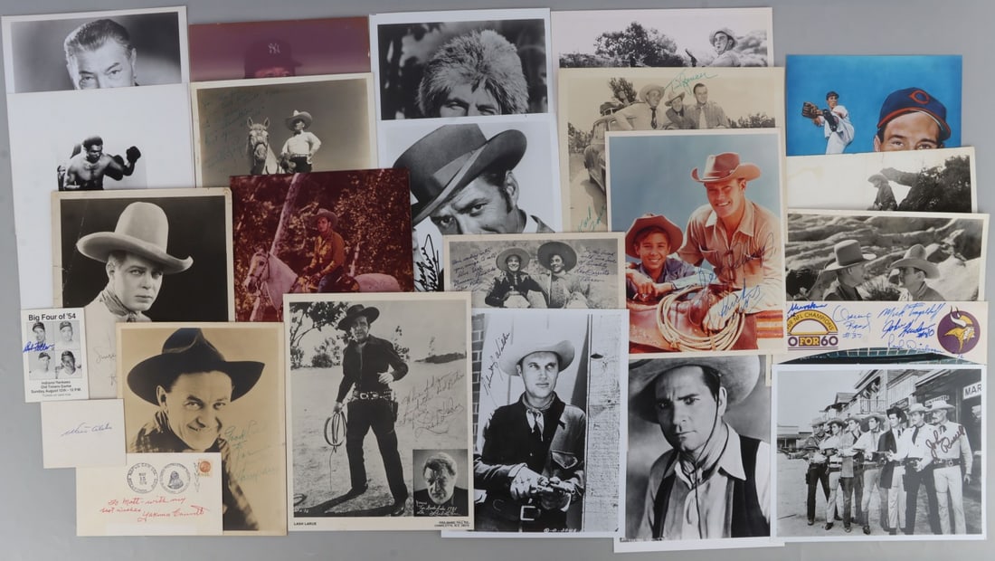 OLD WESTERN CELEBS & SPORTS FIGURE AUTOGRAPH LOT: Approx. TWENTY (20 +/-) old western celebrities and sports figure autographs. Old western celebrities include Duncan Renaldo ("The Cisco Kid"), Fess Parker ("Daniel Boone"), Harry Carey, Hoot Gibson,
