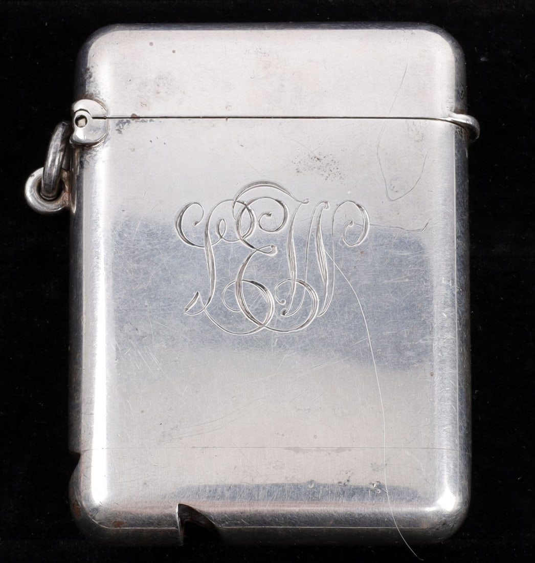 HALLMARK LONDON SILVER 1908 MATCH SAFE VESTA: 1908 Date letter, has a working whistle, monogrammed. Very good, original condition.