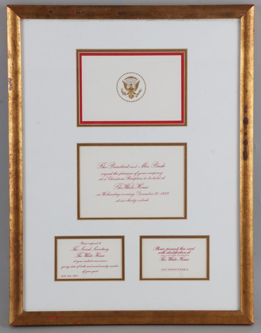 1989 GEORGE BUSH CHRISTMAS RECEPTION INVITATION: Vintage 1989 Christmas reception invitation from President and Mrs. Bush. Complete with invitation, RSVP card and visitors entrance admission card. Professionally framed and matted. Includes original 