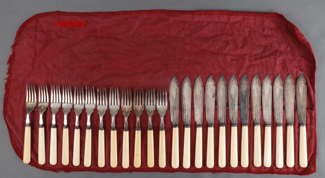 G B & CO SHEFFIELD FISH CUTLERY SET IVORY GRIP: George Butler & Co. Sheffield Fish knife and fork set. Ivory grip, possible Walrus Tusk. Antique over 100 years old. No international sales, know your state regulations prior to bidding, several have 