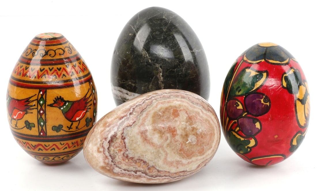 LOT OF 4 DECORATIVE EGG PAINTED AND STONE: Lot of FOUR (4). Two (2) hand painted wooden eggs and two (2) stone specimen eggs.