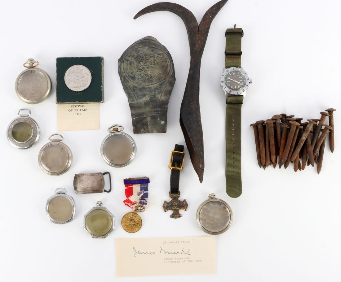 FORRESTAL RUSSIA WATCH STERLING BUCKLE MEDALS LOT: Assorted lot includes James Forrestal autograph, pocket watch cases, powder flask side, 1951 Festival of Britain boxed medal, sterling belt buckle, Russian military watch and more.