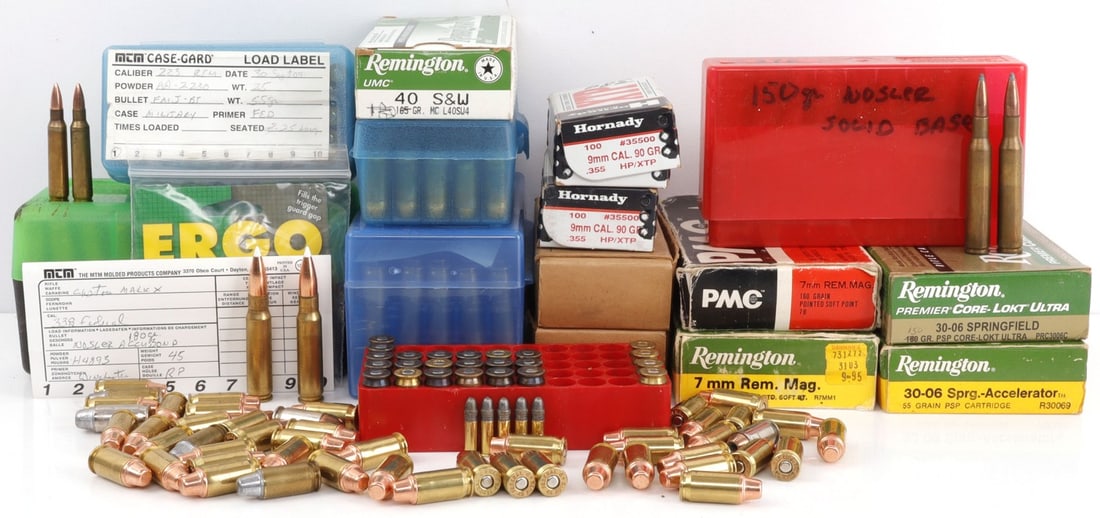 MIXED AMMUNITION LOT 7MM .40 S&W 380 AUTO & MORE: Mixed lot includes 40 S & W, 7MM, 30-06 Springfield, 380 auto, 45 ACP, 223, and 308. Some remanufactured ammo.
