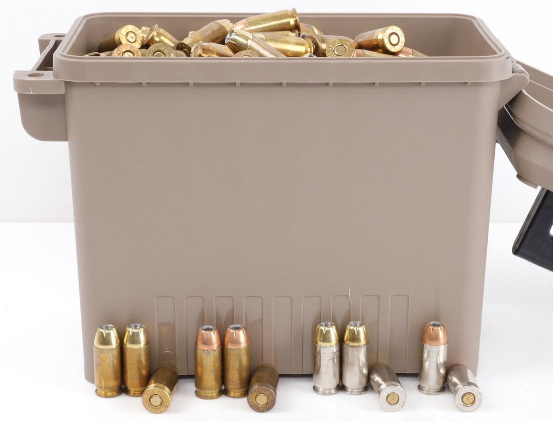 BOX OF 45 ACP AMMUNITION JACKETED HOLLOW POINT: Remanufactured ammunition. Mostly JHP. Box measures 6 3/4 X 71/2 X 3 3/8 inches.